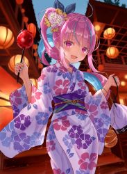 Rule 34 | 1girl, :d, ahoge, blue hair, blue nails, blush, breasts, candy apple, colored inner hair, commentary request, festival, floating hair, floral print, flower, food, hair flower, hair ornament, hands up, highres, holding, holding food, hololive, japanese clothes, kimono, lantern, long hair, looking at viewer, minato aqua, minausa, multicolored hair, nail polish, obi, open mouth, outdoors, pouch, print kimono, purple eyes, purple hair, purple kimono, sash, smile, solo, standing, two-tone hair, virtual youtuber