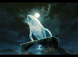 Rule 34 | bone, city, city lights, cloud, cloudy sky, fantasy, flying whale, landscape, letterboxed, mocha (cotton), moon, mountain, night, original, scenery, see-through body, sky, technoheart, whale