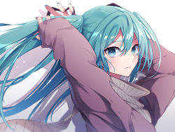 Rule 34 | absurdres, bag, blue eyes, blue nails, coat, floating hair, grey sweater, hair between eyes, hatsune miku, highres, long hair, long sleeves, looking at viewer, multiple girls, nail polish, parted lips, purple coat, resolution mismatch, ribbed sweater, solo, source larger, sugisoar, sweater, twintails, tying hair, very long hair, vocaloid, white background