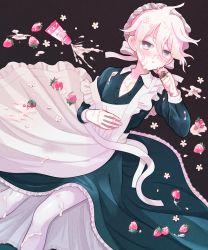 Rule 34 | 1boy, alternate costume, apron, black background, commentary request, cream, cream on face, danganronpa (series), danganronpa 2: goodbye despair, dress, food, food on face, frilled dress, frills, fruit, grey apron, grey hair, koikeya (keroro7), komaeda nagito, long sleeves, looking at viewer, lying, maid, maid apron, maid headdress, male focus, messy hair, on back, open mouth, pink headwear, sexually suggestive, short hair, simple background, solo, strawberry, tube