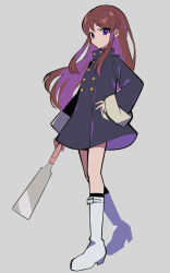 Rule 34 | 1girl, absurdres, aikatsu!, aikatsu! (series), blue coat, boots, brown hair, buttons, coat, double-breasted, expressionless, full body, grey background, hand on own hip, highres, holding, japanese saw, knee boots, long coat, long hair, long sleeves, looking at viewer, multicolored hair, purple eyes, purple hair, saw, school uniform, shibuki ran, simple background, solo, starlight academy school uniform, two-tone hair, uhouhogorigori, white footwear