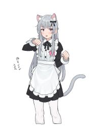 Rule 34 | 1girl, animal ears, apron, black dress, blush, bow, bowtie, cat ears, cat girl, cat tail, clenched hands, closed mouth, collared dress, cropped legs, dress, glaring, grey hair, highres, juliet sleeves, long hair, long sleeves, looking at viewer, maid apron, original, pantyhose, puffy sleeves, purple eyes, sidelocks, simple background, solo, tail, teshima nari, tongue, tongue out, translation request, white background, white pantyhose
