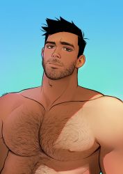 Rule 34 | 1boy, absurdres, bad id, bad twitter id, bara, black hair, brown eyes, chest hair, closed mouth, facial hair, highres, large pectorals, looking at viewer, male focus, manly, muscular, muscular male, nipples, original, pectorals, seupil hyugo (spirohugo), short hair, sideburns, solo, upper body