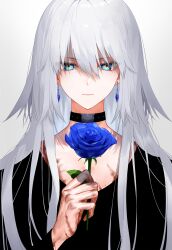 Rule 34 | 1boy, androgynous, black shirt, blue eyes, blue flower, blue rose, choker, closed mouth, expressionless, flower, grey hair, hand up, highres, holding, holding flower, long hair, long sleeves, looking at viewer, male focus, multicolored clothes, multicolored eyes, multicolored scarf, original, portrait, rose, scar, scar on hand, scarf, shirt, simple background, solo, waka (shark waka), white background, white hair, yellow eyes