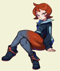 Rule 34 | 1girl, :/, ahoge, arezu (pokemon), arm support, beige background, blue footwear, blue hoodie, boots, breasts, bright pupils, closed mouth, commentary, creatures (company), crossed legs, english commentary, fiinelrush, full body, game freak, grey leggings, highres, hood, hoodie, invisible chair, leggings, light blush, long sleeves, looking at viewer, medium hair, multicolored footwear, nintendo, pantyhose, pokemon, pokemon legends: arceus, print hoodie, puffy long sleeves, puffy sleeves, red eyes, red footwear, red hair, red leggings, simple background, sitting, small breasts, solo, thick thighs, thighs, tsurime, two-tone legwear, white pupils, wing collar, yellow background