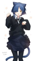 Rule 34 | 1girl, absurdres, animal ears, black pantyhose, black sweater, blue hair, blue skirt, bocchi the rock!, cat ears, cat tail, collared shirt, dated, eyes visible through hair, feet out of frame, floral background, hair between eyes, hair over one eye, highres, long sleeves, looking at viewer, open mouth, pantyhose, pleated skirt, shirt, short hair, signature, simple background, sk tsu96, skirt, solo, standing, sweater, tail, white background, yamada ryo, yellow eyes