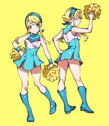 Rule 34 | absurdres, back, blonde hair, blue eyes, blush, bomhat, boots, cheerleader, full body, heroman, highres, holding, holding pom poms, lina davis, looking at viewer, pom pom (cheerleading), pom poms, sidelocks, simple background, smile, solo, swept bangs, yellow background