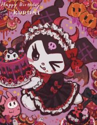 Rule 34 | 2girls, ;p, absurdres, animal ears, artist name, bat wings, black dress, black eyes, blush stickers, bow, cake, closed mouth, commentary request, cookie, creature, dated, demon horns, dessert, dress, dress bow, food, full body, gestart333, ghost, gift, gothic lolita, happy birthday, heart, highres, holding, holding plate, horns, kuromi, lolita fashion, looking at viewer, maid headdress, multicolored eyes, multiple girls, my melody, one eye closed, onegai my melody, plate, purple background, purple eyes, rabbit ears, red bow, sanrio, skull print, smile, sweets, tongue, tongue out, twitter username, wings