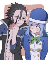 Rule 34 | 1boy, 1girl, abs, arms at sides, black eyes, black hair, blue headwear, bow, bowtie, breasts, buttons, collarbone, commentary request, eine blume, fairy tail, finger to own chin, fur-trimmed headwear, fur trim, gray fullbuster, green bow, green bowtie, hair between eyes, highres, juvia lockser, long hair, long sleeves, looking at another, looking at viewer, medium breasts, muscular, muscular male, musical note, open clothes, open shirt, outside border, pink background, smile, spiked hair, sweatdrop