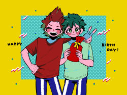 Rule 34 | 2boys, anna (aannnaa3), bag, blue pants, blush, boku no hero academia, closed eyes, closed mouth, commentary request, cowboy shot, freckles, green eyes, green hair, green shirt, hand on another&#039;s shoulder, hand on own hip, happy birthday, highres, holding, holding bag, kirishima eijirou, looking at viewer, male focus, midoriya izuku, multiple boys, open mouth, pants, polka dot, polka dot background, red bag, red hair, red shirt, sharp teeth, shirt, short hair, short sleeves, simple background, smile, spiked hair, standing, teeth, v, yellow background