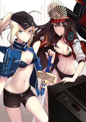 Rule 34 | 2girls, amplifier, artoria pendragon (fate), belt, bikini, black bikini, black hair, black shorts, blonde hair, blue eyes, breasts, closed mouth, collarbone, fate/grand order, fate (series), frilled bikini, frills, gradient background, hat, headphones, headphones around neck, highres, holding, holding sword, holding weapon, jacket, letterman jacket, long hair, looking at viewer, medium breasts, mouth hold, multiple girls, mysterious heroine x (fate), navel, oda nobunaga (fate), oda nobunaga (koha-ace), oda nobunaga (swimsuit berserker) (fate), oda nobunaga (swimsuit berserker) (first ascension) (fate), oda nobunaga (swimsuit berserker) (second ascension) (fate), open clothes, open jacket, peaked cap, planted, planted sword, planted weapon, ponytail, red eyes, shigure s, shorts, smile, standing, swimsuit, sword, thighs, weapon