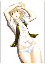 Rule 34 | 1boy, absurdres, blonde hair, blue panties, blush, bow, bow bra, bow panties, bra, brown eyes, bulge, collarbone, cowboy shot, earrings, eyelashes, framed, highres, jewelry, kunami himehiko, lingerie, lips, looking at viewer, lying, male focus, no pants, on back, open clothes, open shirt, panties, pendant, penis, penis in panties, scarf, shadow, shirt, short sleeves, simple background, solo, thighs, trap, underwear, white background