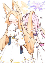 Rule 34 | 2girls, absurdres, animal ear fluff, animal ears, bare shoulders, blonde hair, blue archive, blush, closed eyes, covering own mouth, detached sleeves, dress, flower hairband, forehead, fox ears, frills, hair bun, hair ornament, halo, hand over own mouth, highres, holding, huffing, hug, lace, lace-trimmed dress, lace trim, long hair, mika (blue archive), multiple girls, nose blush, pink hair, puffy sleeves, seia (blue archive), sidelocks, sleeves past fingers, sleeves past wrists, smelling, sonn er, tail, very long hair, white background, wristband, yellow eyes