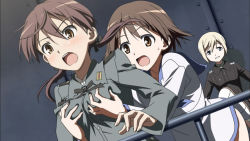 Rule 34 | 3girls, :d, blush, grabbing another&#039;s breast, breasts, brown hair, erica hartmann, expressionless, gertrud barkhorn, grabbing, grabbing from behind, green eyes, long sleeves, medium breasts, miyafuji yoshika, multiple girls, open mouth, railing, short hair, smile, strike witches, surprised, uniform, world witches series, yuri