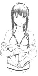 Rule 34 | 1girl, bikini, black hair, blunt bangs, braid, clothes pull, commentary request, front-tie bikini top, front-tie top, hair over shoulder, highres, jacket, jacket pull, kantai collection, kitakami (kancolle), long hair, monochrome, sidelocks, single braid, swimsuit, undressing, uyama hajime