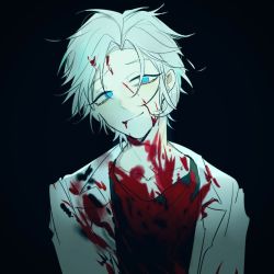 Rule 34 | 1boy, black background, blood, blood from mouth, blood on clothes, blood on face, blue eyes, closed mouth, coat, green shirt, kanou aogu, lab coat, lemijiang, male focus, open clothes, open coat, saibou shinkyoku, shirt, short hair, simple background, smile, solo, spoilers, upper body, white coat, white hair