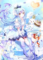 Rule 34 | 1girl, ;d, absurdres, back bow, balloon, bare shoulders, bear, birthday cake, blue background, blue flower, blue hair, blue rose, boots, bow, cake, candle, card, choker, cloud, dress, dress flower, floating hair, flower, food, frilled dress, frills, full body, gloves, gyaza, hair flower, hair ornament, hands on own thighs, hat, heart balloon, highres, holding, holding cake, holding food, knee boots, layered dress, lens flare, lens flare abuse, light blue hair, long hair, looking at viewer, low-tied sidelocks, mini hat, mini top hat, off-shoulder dress, off shoulder, one eye closed, open mouth, original, playing card, pointy ears, polar bear, puffy short sleeves, puffy sleeves, rose, short dress, short sleeves, sitting, sitting on ball, smile, solo, thighhighs, top hat, very long hair, white bow, white choker, white dress, white footwear, white gloves, white hat, white thighhighs, yellow eyes