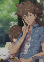 Rule 34 | 1boy, absurdres, blouse, blue shirt, brother and sister, brown eyes, brown hair, collared shirt, commentary request, dappled sunlight, digimon, digimon (creature), digimon adventure, digimon adventure tri., closed eyes, hair between eyes, highres, looking at viewer, open clothes, open mouth, open shirt, shirt, short hair, siblings, sleeping, spiked hair, sunlight, tailmon, tree, white shirt, yagami hikari, yagami taichi