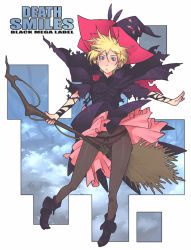 Rule 34 | 1girl, blonde hair, blue eyes, bow, bow panties, cave (developer), deathsmiles, g-room honten, hat, legs, panties, panties under pantyhose, pantyhose, pink panties, sakura (deathsmiles), solo, torn clothes, underwear, webbed pantyhose, wind, wind lift, witch, witch hat