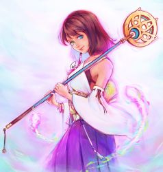 Rule 34 | 1girl, absurdres, back bow, bare shoulders, beads, black bra, blue eyes, blue skirt, bow, bra, bracelet, breasts, brown hair, cowboy shot, detached sleeves, final fantasy, final fantasy x, green eyes, hair beads, hair ornament, heterochromia, highres, holding, holding staff, japanese clothes, jewelry, looking at viewer, medium breasts, medium hair, nontraditional miko, obi, pleated skirt, pyrefly, sash, shirt, signature, skirt, smile, solo, staff, summoner (final fantasy), underwear, white shirt, wide sleeves, xriviia, yuna (ff10)