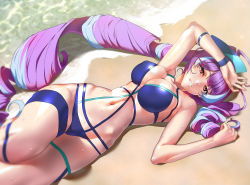 Rule 34 | 10s, 1girl, arm up, beach, bikini, blue bikini, blue hair, blurry, breasts, cleavage, collarbone, commentary request, covered erect nipples, day, depth of field, don (rg06268), highres, large breasts, long hair, looking at viewer, lying, macross, macross delta, mikumo guynemer, multicolored hair, navel, on back, outdoors, parted lips, purple hair, red eyes, sand, skindentation, smile, solo, sparkle, swimsuit, teeth, thigh strap, two-tone hair, very long hair, water, wet