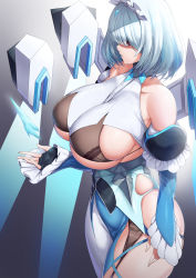 Rule 34 | 1girl, absurdres, bare shoulders, black gloves, blue hair, bob cut, breasts, cho!cho!, curvy, detached sleeves, dress, expressionless, fingerless gloves, frills, gloves, hair over eyes, highres, huge breasts, ice, last origin, light blue hair, side slit, thighs, titania frost, white dress