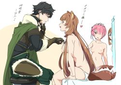 Rule 34 | 1boy, 3girls, :d, animal ear fluff, animal ears, black hair, blue eyes, breasts, brown eyes, brown hair, cape, character request, commentary request, crossover, green cape, hair ornament, hair over one eye, isekai quartet, iwatani naofumi, large breasts, long hair, looking at another, medium breasts, multiple girls, nipples, open mouth, panties, pink hair, pink panties, raccoon ears, raccoon girl, raccoon tail, ram (re:zero), raphtalia, re:zero kara hajimeru isekai seikatsu, red eyes, short hair, simple background, sitting, smile, stethoscope, tail, tail wagging, tate no yuusha no nariagari, topless, translation request, umanosuke, underwear, underwear only, very long hair, white background, white panties, x hair ornament
