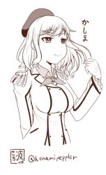 Rule 34 | 10s, 1girl, alternate hair length, alternate hairstyle, arm behind back, beret, breasts, commentary request, epaulettes, gloves, hand in own hair, hat, jacket, kantai collection, kashima (kancolle), large breasts, monochrome, ribbon, sazanami konami, shirt, short hair, sketch, smile, solo, translation request, twitter username, upper body, white background
