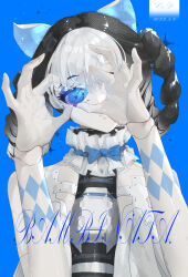 Rule 34 | 1girl, absurdres, animal ears, bambinata (punishing: gray raven), black hair, blue ribbon, blue theme, braid, cat ears, dianice, doll joints, fake animal ears, grey theme, heart, heart-shaped pupils, highres, joints, mechanical arms, mechanical parts, neck ribbon, parted lips, punishing: gray raven, ribbon, scrunchie, solo, symbol-shaped pupils, twin braids, white hair