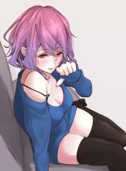 Rule 34 | 1girl, akiyama cz4a, alternate costume, alternate hair color, black thighhighs, blue sweater, blush, bra, breasts, cleavage, couch, eyes visible through hair, from above, gradient hair, grey background, hair between eyes, hand up, hanging breasts, highres, leg up, long sleeves, looking at viewer, multicolored hair, nail polish, no headwear, no shoes, off shoulder, open mouth, panties, pantyshot, pink bra, pink hair, pink nails, pink panties, pointing, pointing at viewer, purple hair, red eyes, saigyouji yuyuko, short hair, simple background, sitting, skindentation, solo, strap slip, sweater, thighhighs, thighs, touhou, underwear