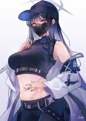 Rule 34 | 1girl, baseball cap, belt, black belt, black pants, blue archive, blue eyes, blue hair, blue nails, breasts, crop top, halo, hat, highres, jacket, large breasts, long hair, mask, midriff, mouth mask, navel, off shoulder, pants, saori (blue archive), sea nami, solo, stomach, very long hair, white jacket