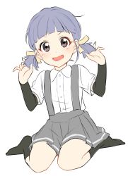 Rule 34 | &gt;:d, 10s, 1girl, :d, black socks, blunt bangs, blush, commentary request, detached sleeves, dot nose, full body, grey eyes, grey skirt, grey socks, hand in own hair, highres, kantai collection, light purple hair, looking at viewer, ooshio (kancolle), open mouth, parted lips, pleated skirt, sekina, shirt, short sleeves, simple background, sitting, skirt, smile, socks, solo, suspender skirt, suspenders, twintails, v-shaped eyebrows, wariza, white background, white shirt