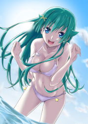 Rule 34 | 10s, 1girl, :d, bikini, bit (artist), bit (keikou syrup), blue eyes, breasts, cleavage, cloud, cross, cross necklace, day, green hair, hair ornament, jewelry, kaitou tenshi twin angel, large breasts, long hair, navel, necklace, open mouth, sky, smile, solo, star (symbol), sunlight, swimsuit, tesla violet, twin angel, water, white bikini