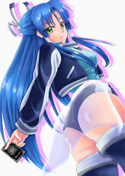 Rule 34 | 1girl, ass, battle spirits, battle spirits: burning soul, blue hair, boots, breasts, from behind, from below, gunjou souun, hair ornament, huge ass, jacket, long hair, looking at viewer, looking down, parted lips, shiny skin, short shorts, shorts, solo, thigh boots, thighhighs, yappy