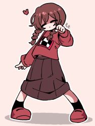 Rule 34 | 1girl, black socks, braid, brown hair, closed eyes, expressionless, full body, hand up, head tilt, heart, leaning to the side, long hair, long skirt, long sleeves, low twintails, madotsuki, memi, midriff peek, outline, pigeon-toed, pink sweater, print sweater, red footwear, shaded face, shadow, signature, simple background, skirt, socks, solo, sweater, twin braids, twintails, white background, white outline, yume nikki