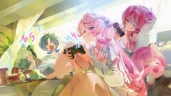 3girls alternate_costume barefoot blonde_hair blue_hair blush closed_eyes controller dotori_(seulseul) hair_bun heterochromia highres hiodoshi_ao holding holding_controller hololive hololive_dev_is houshou_kumarine houshou_marine long_hair looking_at_viewer multicolored_hair multiple_girls open_mouth otonose_kanade pink_hair purple_eyes red_eyes red_hair short_hair streaked_hair tongue tongue_out virtual_youtuber yellow_eyes