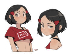 Rule 34 | 1girl, black hair, blush, crop top, female focus, highres, looking at viewer, original, parted lips, red shirt, shirt, short hair, simple background, solo, sui (suizilla), upper body, white background