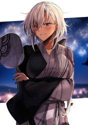 Rule 34 | 1girl, absurdres, black nails, blush, breasts, collarbone, dark-skinned female, dark skin, fingernails, glasses, grey kimono, grin, hair between eyes, hand fan, highres, holding, holding fan, japanese clothes, kantai collection, kimono, large breasts, long hair, musashi (kancolle), musashi kai ni (kancolle), nail polish, official alternate costume, paper fan, red eyes, silver hair, smile, solo, two-tone background, uchiwa, upper body, yukata, yunamaro