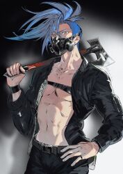 Rule 34 | 1boy, axe, belt, belt buckle, black jacket, black pants, blue hair, buckle, carrying over shoulder, collarbone, covered mouth, fashion, galo thymos, grey eyes, hair between eyes, hand on own hip, hand up, highres, holding, holding axe, jacket, jewelry, kaninn, long sleeves, looking at viewer, male focus, open clothes, open jacket, pants, pinky ring, promare, respirator, ring, short hair, side cut, solo, toned, toned male, white background, wristband
