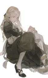 Rule 34 | 1girl, black dress, black footwear, blonde hair, bow, dress, earrings, green eyes, hair bow, hand on hand, hand on legs, highres, jewelry, long hair, looking at viewer, maid, maid headdress, open mouth, original, pale skin, pantyhose, puffy sleeves, rd chet, serious, simple background, sitting, solo, white background, white pantyhose