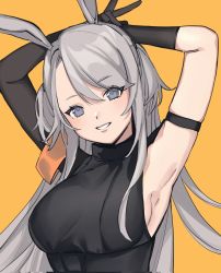Rule 34 | 1girl, animal ears, arknights, arm strap, armpits, arms up, asymmetrical gloves, bare shoulders, black gloves, breasts, commentary request, gloves, grey eyes, grey hair, highres, large breasts, long hair, mmm ma pmpm, rabbit ears, savage (arknights), simple background, sleeveless, solo, two side up, upper body, very long hair, yellow background