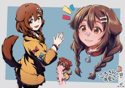Rule 34 | 1girl, ^^^, animal ears, biting, blue background, blush, bone hair ornament, braid, breasts, brown eyes, brown hair, chibi, choker, closed mouth, commentary, cowboy shot, dated, disembodied limb, dog ears, dog girl, dog tail, finger biting, from side, hair ornament, highres, hololive, inugami korone, inugami korone (1st costume), jacket, koushake, lips, looking at viewer, medium breasts, medium hair, multiple views, nail polish, open mouth, portrait, red choker, red legwear, side braids, simple background, smile, socks, sweatdrop, tail, translated, twin braids, virtual youtuber, wristband, yellow jacket, yellow nails