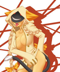 Rule 34 | 1girl, animal ears, animal hood, arc system works, blazblue, bottomless, braid, breasts, cat ears, cat hood, cat tail, hair ribbon, hood, hoodie, kisaragi you, mask, naked hoodie, open clothes, open mouth, ribbon, solo, tail, taokaka, tongue, twin braids