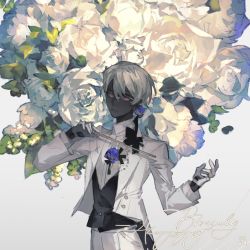 Rule 34 | 1boy, baton, conductor baton, beamed sixteenth notes, black ribbon, black sclera, black skin, blue flower, closed mouth, colored sclera, colored skin, cursive, english text, flower, formal, gloves, grey hair, half gloves, happy birthday, highres, holding, jacket, lapels, liulianjingrua, long sleeves, looking at viewer, male focus, mole, mole under mouth, musical note, original, pants, pink eyes, ribbon, shirt, short hair, solo, suit, upper body, waistcoat, white flower, white gloves, white jacket, white pants, white shirt, white suit