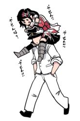 Rule 34 | 1boy, 1girl, :d, admiral (kancolle), black hair, carrying, commentary request, faceless, faceless male, full body, hair ornament, hands in pockets, hat, kantai collection, military, military uniform, open mouth, peaked cap, remodel (kantai collection), scarf, sendai (kancolle), shoulder carry, side ponytail, simple background, sleeves rolled up, smile, terrajin, translation request, uniform, vambraces, walking, white background