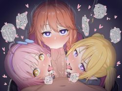 Rule 34 | 1boy, 3girls, :&gt;=, ahoge, blonde hair, blush, braid, chieru (princess connect!), chloe (princess connect!), clothed female nude male, commentary request, cooperative fellatio, erection, fellatio, from above, gradient background, hairband, harem, heart, heart-shaped pupils, hetero, highres, hypnosis, licking, licking penis, looking at viewer, mind control, multiple fusions, multiple girls, nude, oral, orange hair, penis, period (anony 83), pink hair, pointy ears, pov, princess connect!, purple eyes, sidelocks, sound effects, speech bubble, speed lines, symbol-shaped pupils, teamwork, tongue, tongue out, translation request, twintails, uncensored, veins, veiny penis, yellow eyes, yuni (princess connect!)