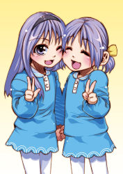 Rule 34 | 00s, 2girls, aged down, alternate hairstyle, blush, cheek-to-cheek, heads together, hiiragi kagami, hiiragi tsukasa, holding hands, long hair, lucky star, multiple girls, pantyhose, ponytail, short twintails, siblings, sisters, takanashi ringo, twintails, v, white pantyhose