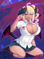 Rule 34 | 1girl, :q, blonde hair, breasts, character request, copyright request, dark-skinned female, dark skin, demon girl, demon horns, demon tail, demon wings, highres, horns, kneehighs, monster girl, no shoes, red eyes, seiza, shiki (psychedelic g2), sitting, socks, tail, tongue, tongue out, virtual youtuber, wings