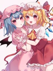 Rule 34 | 2girls, :d, ascot, bat wings, black wings, blonde hair, blue hair, crystal, fang, flandre scarlet, hat, hat ribbon, heart, multiple girls, one side up, open mouth, pink headwear, pink shirt, pink skirt, puffy short sleeves, puffy sleeves, red ribbon, red skirt, red vest, remilia scarlet, ribbon, shirt, short hair, short sleeves, siblings, simple background, siomi 403, sisters, skirt, smile, touhou, vest, white background, white headwear, white shirt, wings, wrist cuffs, yellow ascot