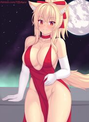 Rule 34 | 1girl, :3, animal ears, bare shoulders, blonde hair, blush, breasts, cat ears, cat girl, cat tail, choker, cleavage, closed mouth, collarbone, commentary, covered erect nipples, cowboy shot, dress, elbow gloves, english commentary, fang, full moon, gloves, hair ornament, highres, large breasts, long hair, looking at viewer, moon, night, night sky, no bra, no panties, nottytiffy, original, outdoors, patreon username, ponytail, red choker, red dress, red eyes, sideboob, sky, smile, solo, star (sky), starry sky, tail, thighs, tiffy (nottytiffy), white gloves